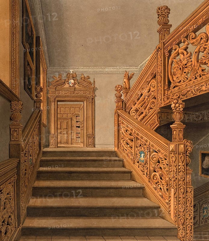 Staircase at Blithfield, country house in Staffordshire, England, digitally restored reproduction of a 19th-century original by John Buckler, Record date not stated, Staircase at Blithfield, country house in Staffordshire, digitally restored reproduction of a 19th-century original, Record date not stated