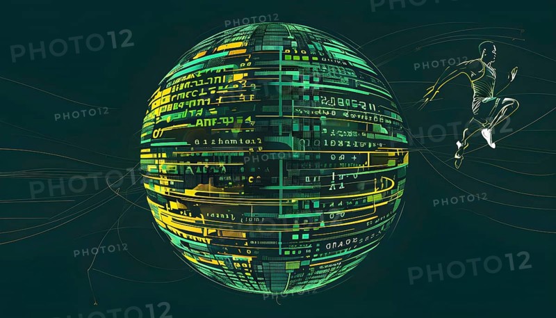 Illustration of an abstract, vibrant green colored rotating digital sphere with patterns resembling AI algorithms, surrounded by faint lines tracing athletic motions, AI generated