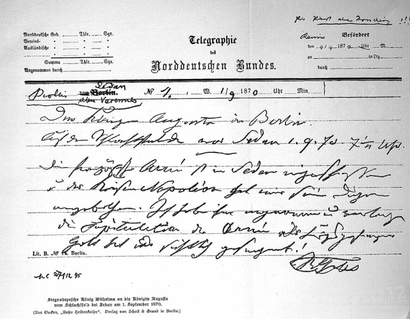 A telegraph of the North German Confederation, the victory dispatch from King Wilhelm to Queen Augusta from the battlefield at Sedan on 1 September 1870, Historical, digitally restored reproduction from a 19th century original, c. 1890, Record date not stated