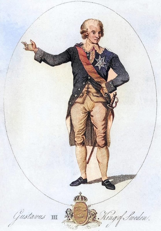 Gustav III (1746-1792), King of Sweden from 1771, was assassinated at a masked ball. The libretto for Verdi's opera Un Ballo in maschera (A Masked Ball) was based on the assassination. Copperplate engraving from the 18th century, Historical, digitally restored reproduction from a 19th century original, Record date not stated