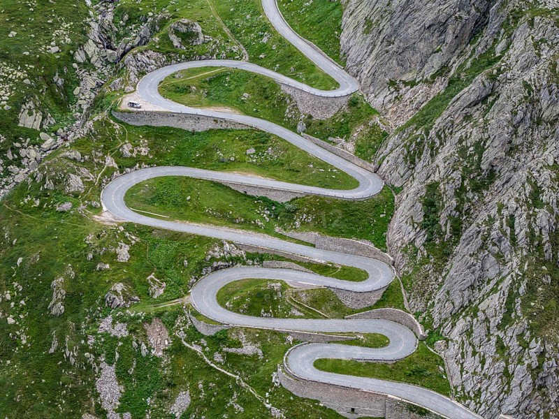 La Tremola, world-famous serpentine road through the Val Tremolo, road construction monument, Alpine pass with 24 hairpin bends. Old Gotthard Pass. Drone photo. Airolo, Canton Ticino, Switzerland, Europe