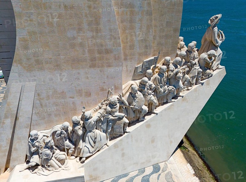 Close-up of a row of statues placed at a monument on a sunny day along the coast, aerial view, Monument, Padrão dos Descobrimentos, Monument to the Discoveries, Tagus River, Belém neighbourhood, Lisbon, Portugal, Europe