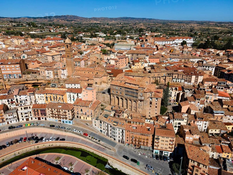 Aerial view of a historic city with many narrow streets and tiled roofs, aerial view, church, Iglesia de Santa María Magdalena, bishop's palace, Palacio Episcopal, Tarazona, Zaragoza, Aragon, Spain, Europe