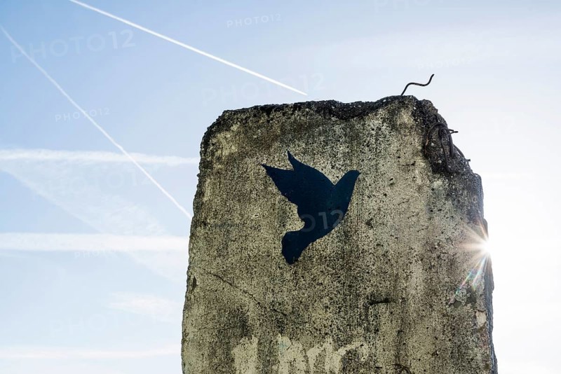 Monument, part of the Berlin Wall with dove of peace, Schengen, Canton of Remich, Luxembourg, Europe