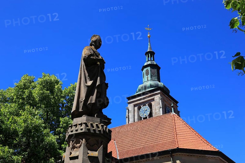 Regiomontanus Fountain on the market square and late Gothic, Evangelical-Lutheran St Mary's Church, Königsberg in Bavaria, Königsberg i.Bay, town in the district of Haßberge, Lower Franconia, Bavaria, Germany, Europe