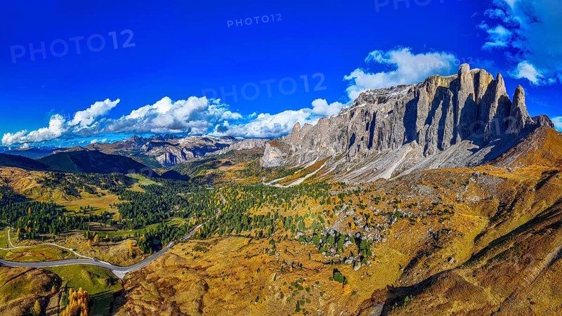 The peaks of the Puez Group, panoramic photo, drone photo, Val Gardena, Dolomites, Autonomous Province of Bolzano, South Tyrol, Italy, Europe