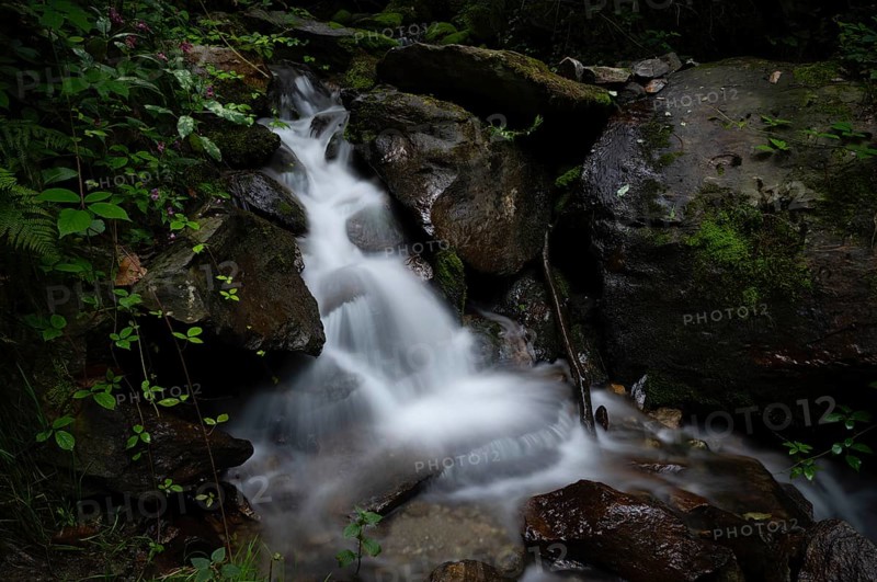 Waterfall on the Schenner Waalweg, Neuwaal, stream, long exposure, Schenna, Scena, South Tyrol, Autonomous Province of Bolzano, Italy, Europe