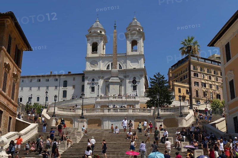Spanish Steps and the church Santissima Trinita dei Monti, Santa Trinita dei Monti or Santissima Trinita al Monte Pincio, Holy Trinity on Mount Pincio, and the Obelisco Sallustiano, Rome, Italy, Europe