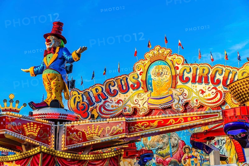 Clown figure in the round and high ride Circus Circus, Oktoberfest, Festwiese, Theresienwiese, Munich, Upper Bavaria, Bavaria, Germany, Europe