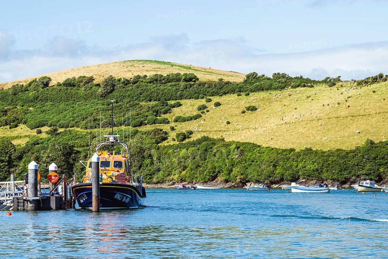 RNLI Salcombe Lifeboat Station boat in Salcombe, Kingsbridge Estuary, Batson Creek, Southpool Creek, Devon, England, United Kingdom, Europe