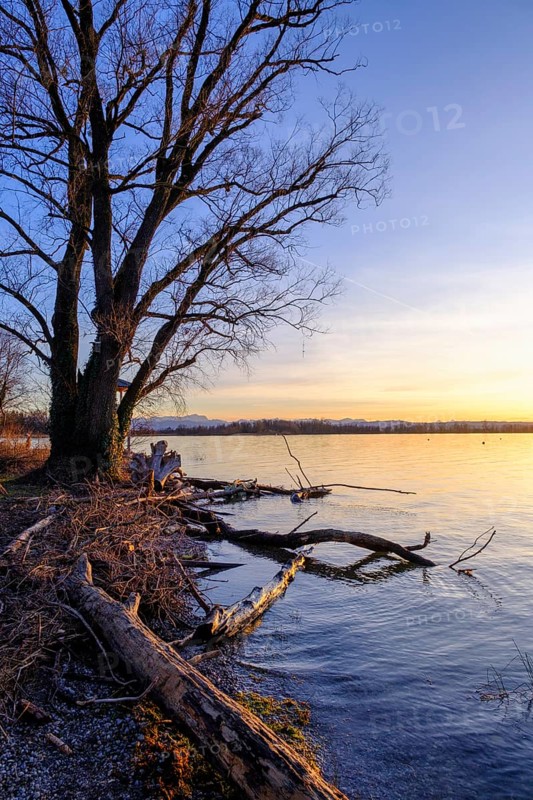 Sunset at the Lake Ammer, near Aidenried, Fünfseenland, Upper Bavaria, Bavaria, Germany, Europe