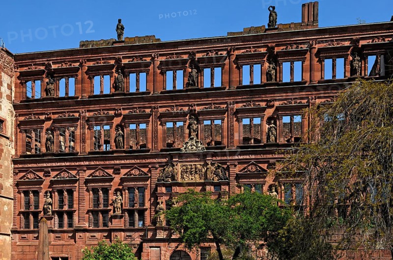 Ottheinrich's building of the Heidelberg castle ruins, destroyed in 1689, castle courtyard, Heidelberg, Baden-Württemberg, Germany, Europe