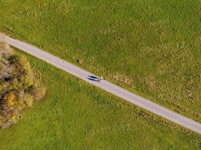 Green meadow with a narrow road and a person casting shadows on the road, high ropes course, Nagold, Black Forest, Germany, Europe