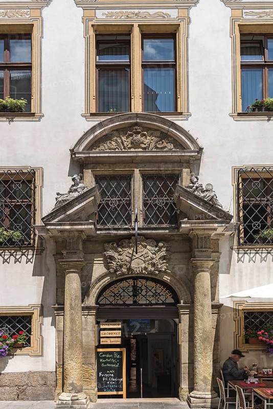Entrance portal with coat of arms of the historic Regensburg Ratskeller, Regensburg, Upper Palatinate, Bavaria, Germany, Europe