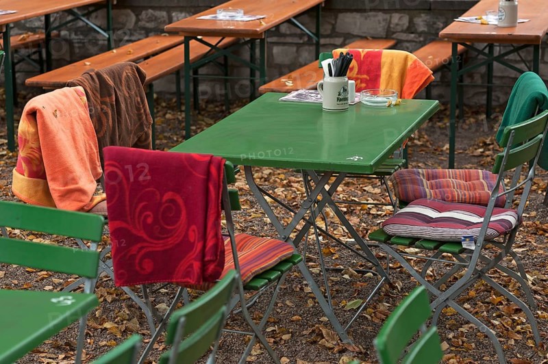 Autumn in a garden pub, chairs furnished with blankets, Regensburg, Upper Palatinate, Bavaria, Germany, Europe