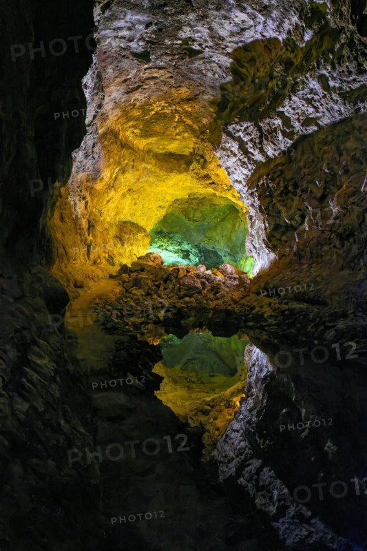Lava tunnel Cueva de los Verdes with the light installation by Jesús Soto, Costa Teguise, Lanzarote, Canary Islands, Canary Islands, Spain, Europe