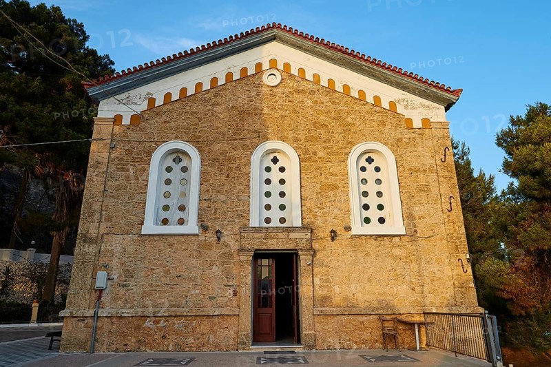 Historic church with striking stone façade and symmetrical windows, Koroni, Byzantine fortress, nunnery, Peloponnese, Greece, Europe