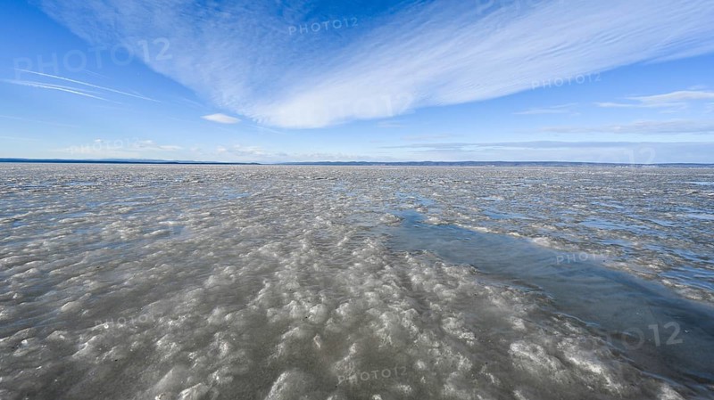 Frozen lake, ice and structures, Podersdorf am See, Lake Neusiedl, Burgenland, Austria, Europe