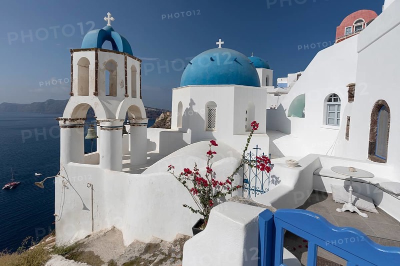 Santorini, Oia, blue domes, churches Agios Spyridon Agios Anastasis, Cyclades, Greece, Europe