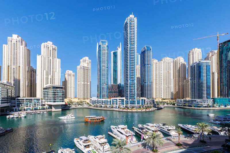 Dubai Marina skyline skyscrapers with yachts skyscrapers living on the waterfront in Dubai, United Arab Emirates, Asia