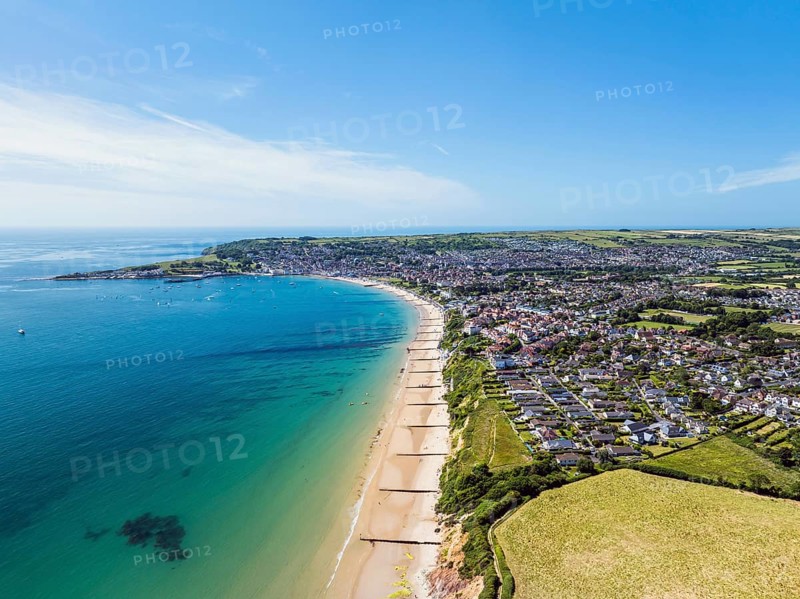 Swanage from Ballard Cliff from a drone, Jurassic Coast, Dorset Coast, Poole, England, United Kingdom, Europe