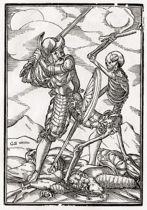 Der Tod kommt zum Soldaten Woodcut von Georg Scharffenberg nach Hans Holbein d. J. Aus Der Todten Tanz, erschienen Basel 1843, Death comes to the Soldier Woodcut by Georg Scharffenberg after Hans Holbein the Younger From Der Todten Tanz or The Dance of Death published Basel 1843, Historisch, digital restaurierte Reproduktion von einer Vorlage aus dem 19. Jahrhundert, Record date not stated