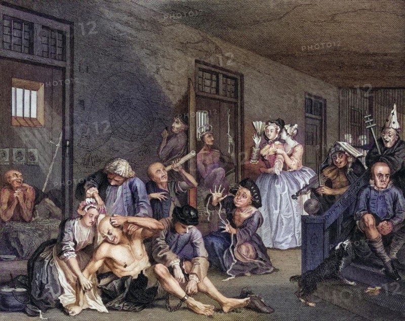 Die Fortschrittsszene der Rakes in Bedlam, The Rakes Progress Scene in Bedlam From the original picture by Hogarth from The Works of Hogarth published London 1833, Historic, digitally restored reproduction from a 19th century original, Record date not stated