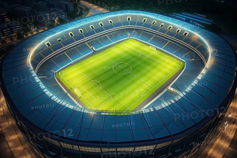 Aerial bird eye top view of a soccer football field stadium in night, AI generated