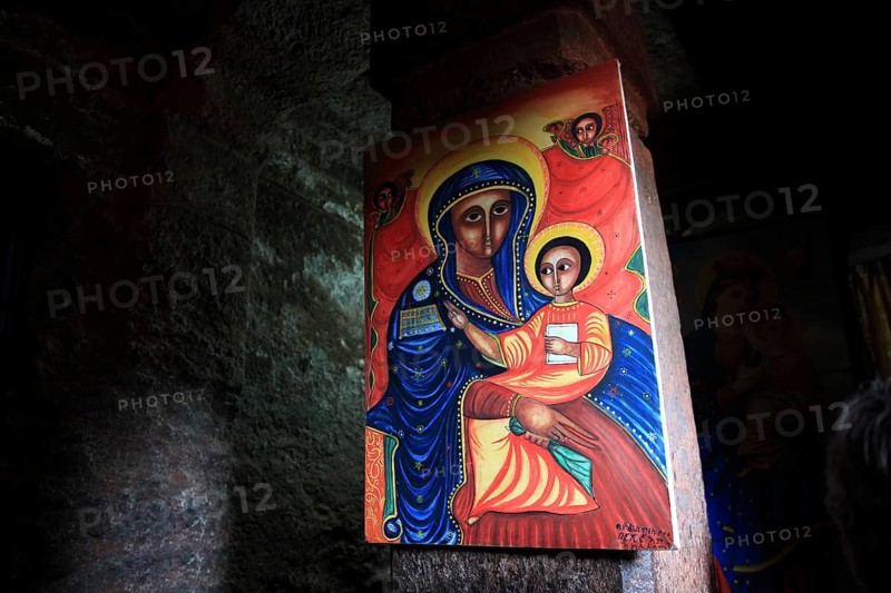 Rock churches of Lalibela, image of a saint in the Bete Maskal, Chapel of the Cross, Ethiopia, Africa