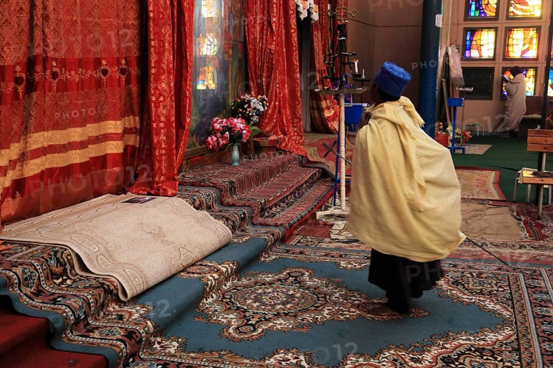 Europia district, Lipanus monastery in Debre Lebanon, pilgrims praying, Ethiopia, Africa