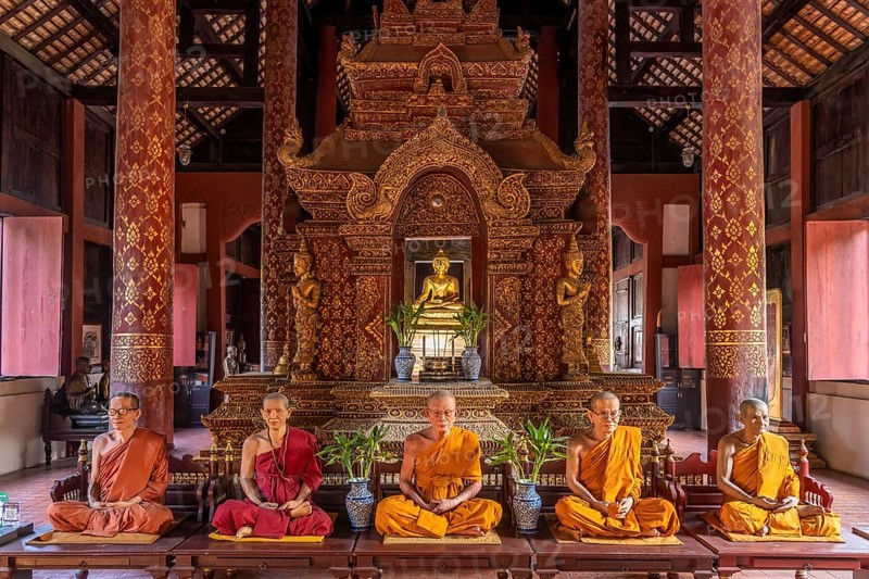 Wax figures of deceased monks in the Buddhist temple complex Wat Phra Singh, Chiang Mai, Thailand, Asia