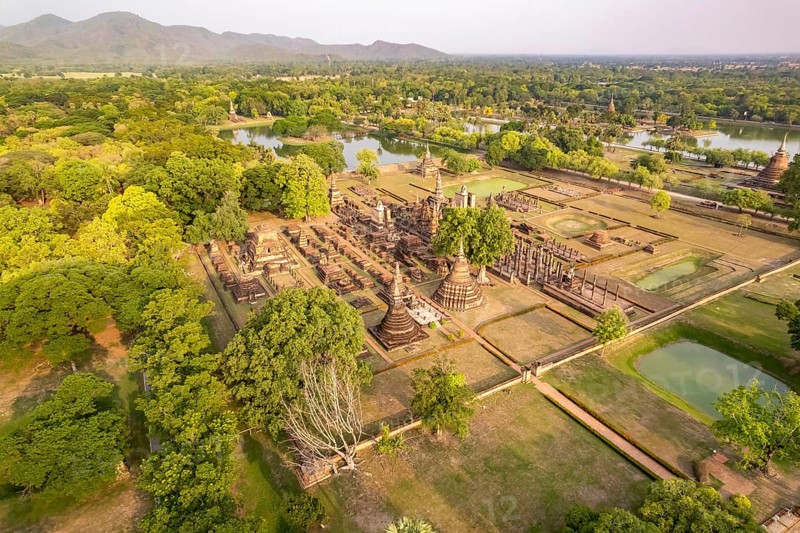The central Buddhist temple Wat Mahathat seen from the air, UNESCO World Heritage Sukhothai Historical Park, Thailand, Asia