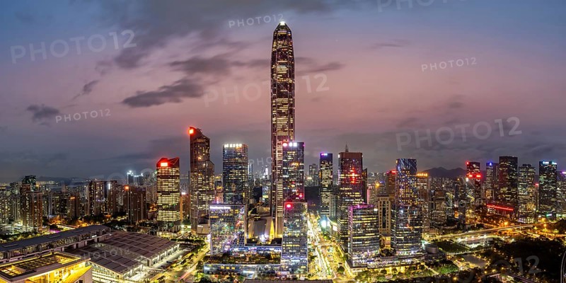 Skyline with skyscrapers city centre Futian district panorama at night in Shenzhen, China, Asia