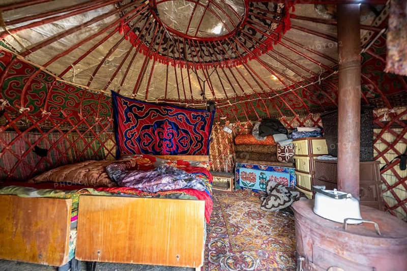 Interior photo, traditional yurt, Kyrgyzstan, Asia