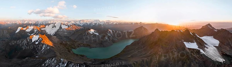 Evening mood, mountain panorama, aerial view, 4000 metre peak with glacier, mountain pass and mountain lake Ala-Kul Lake, Tien Shan, Kyrgyzstan, Asia