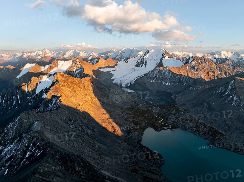 Evening mood, mountain panorama, aerial view, 4000 metre peak with glacier, mountain pass and mountain lake Ala-Kul Lake, Tien Shan, Kyrgyzstan, Asia