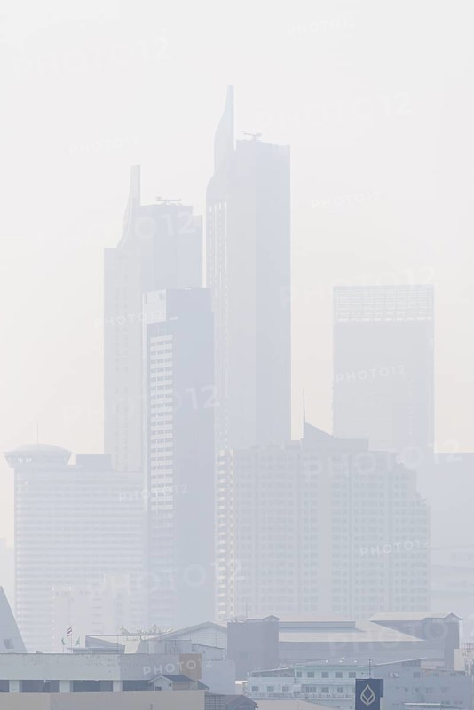 View from Golden Mount through smoky, poor visibility, high humidity to the skyline of Bangkok, Thailand, Asia