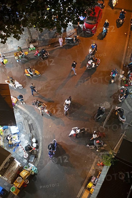 Mopeds in the old town at night, bird's eye view, Hanoi, Vietnam, Asia