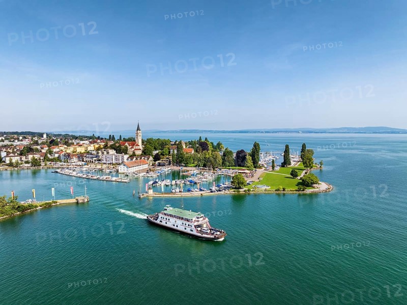 Harbour area, ferry port, yacht harbour, marina of Romanshorn with Seepark and the departing ferry MF Friedrichshafen, which connects the Swiss city of Romanshorn and the German city of Friedrichshafen. Aerial view, Lake Constance, Canton Thurgau, Switzerland, Europe