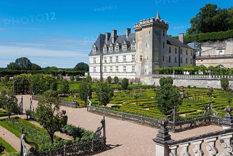Historic castle surrounded by an overgrown garden with hedges and well-tended paths, Villandry Castle, Renaissance, Tours, Loire Valley, Centre-Val de Loire, France, Europe