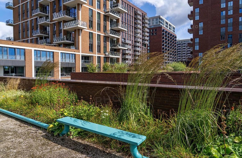 De Groene Kaap residential complex, in the Rotterdam Feijenoord district, on the Maashaven, Katendrecht neighbourhood, 450 flats and shops, spread over 5-19 storey buildings, with many inner courtyards, balconies and an accessible roof garden, partly over bridges, partly as a kitchen garden, which extends over all buildings and can also be used by the public, lots of greenery to promote the microclimate, energy-efficient construction, Netherlands