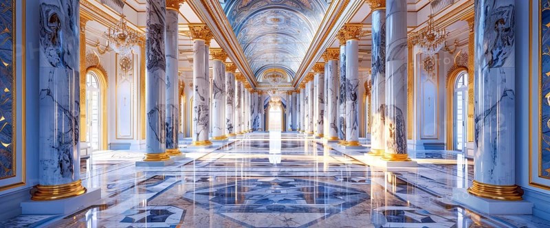 Royal palace decorated with marble and gold. Luxury expensive columns and ornaments in royal style, AI generated