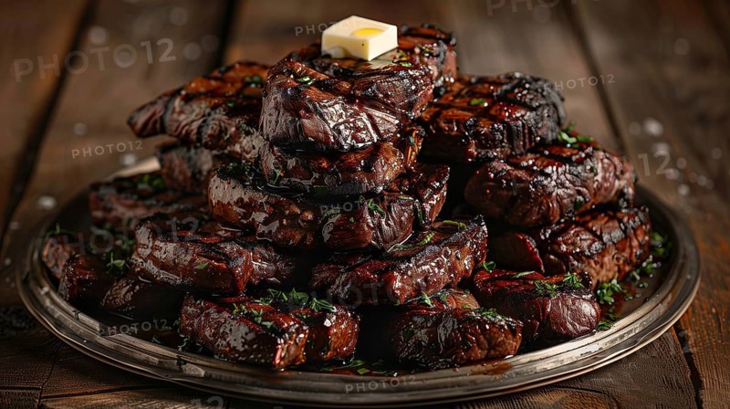 Plate with A stack of several grilled steaks with butter on top. generative AI, AI generated