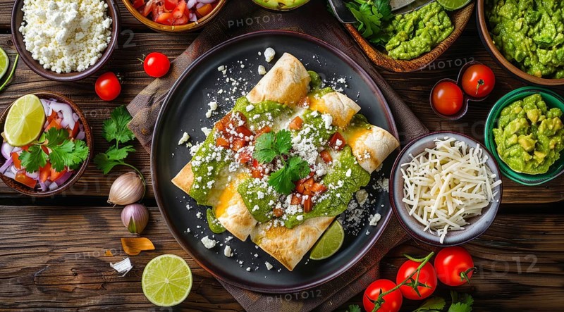Plate of enchiladas with a side of salsa and guacamole. Wooden table with bowls of various sauces, AI generated