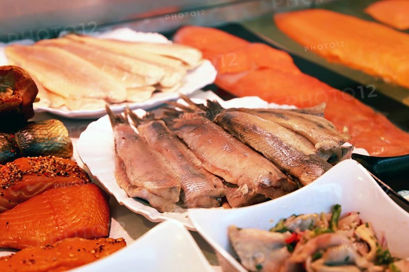 Close-up of a fish counter with fish and seafood