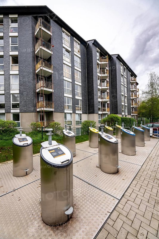 Underground waste disposal system, waste columns for different types of waste, in underground collection containers, at a residential complex in Bochum, North Rhine-Westphalia, Germany, Europe