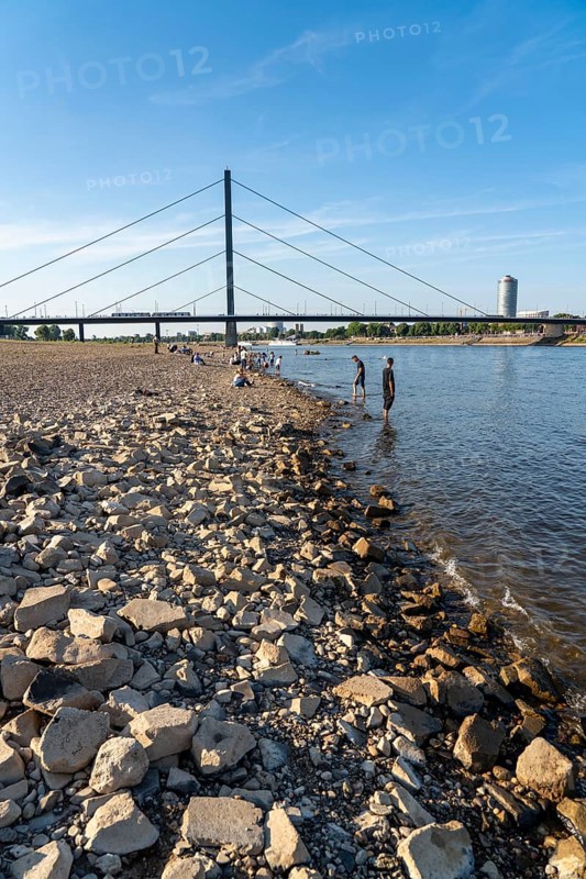 Rhine near Düsseldorf, extremely low water, Rhine level at 81 cm, tendency falling, after a long drought the left bank of the Rhine falls dry, near Düsseldorf Oberkassel, people chilling on the banks of the Rhine, Germany, Europe