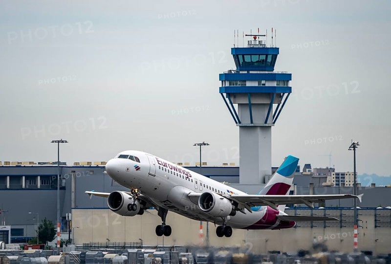 Cologne-Bonn Airport, CGN, Eurowings Airbus on take-off, German Air Traffic Control Tower, Cologne, North Rhine-Westphalia, Germany, Europe