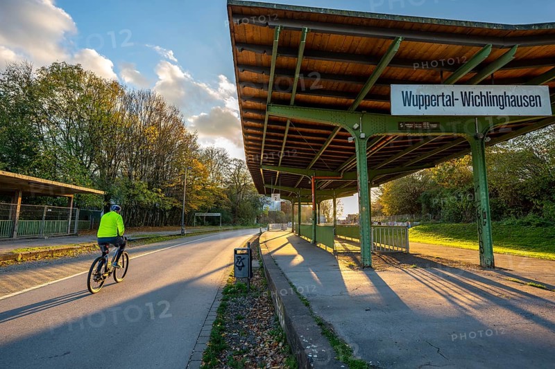 The Nordbahntrasse, a cycle path, footpath, on a former 22 KM long railway line, along the west-east axis of Wuppertal, on the northern slope, with many tunnels, viaducts and views of the city, old railway platform, Wuppertal, North Rhine-Westphalia, Germany, Europe