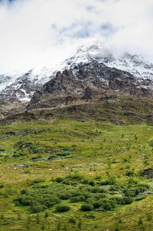 Mountain panorama at the Fafleralp in Valais, Bernese Alps, Lötschental, hiking, mountains, nature, outdoor, active holiday, hiking holiday, snow, weather, fog, Switzerland, Europe